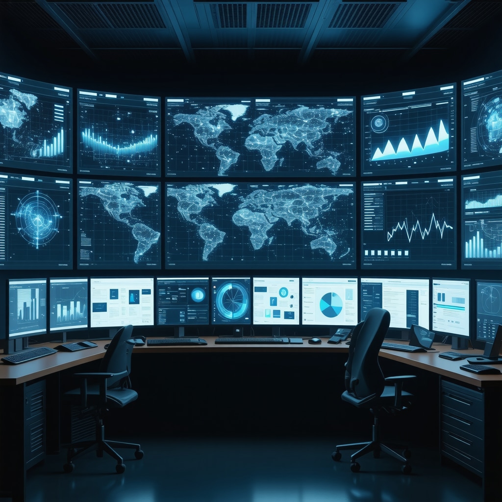 Control room with digital screens showing blockchain and analytics for Ozempic supply chain security