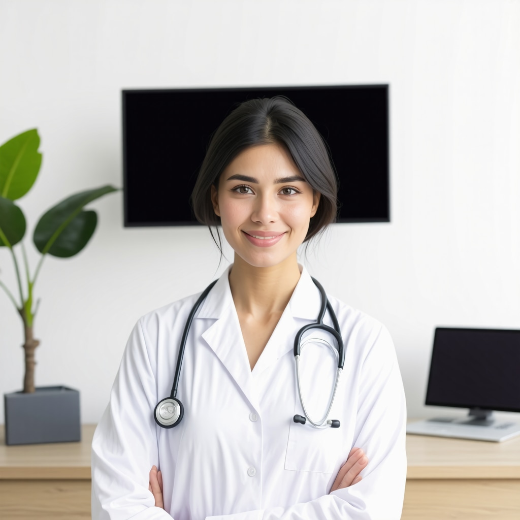 Healthcare professional conducting telehealth consultation using digital devices in a modern clinic