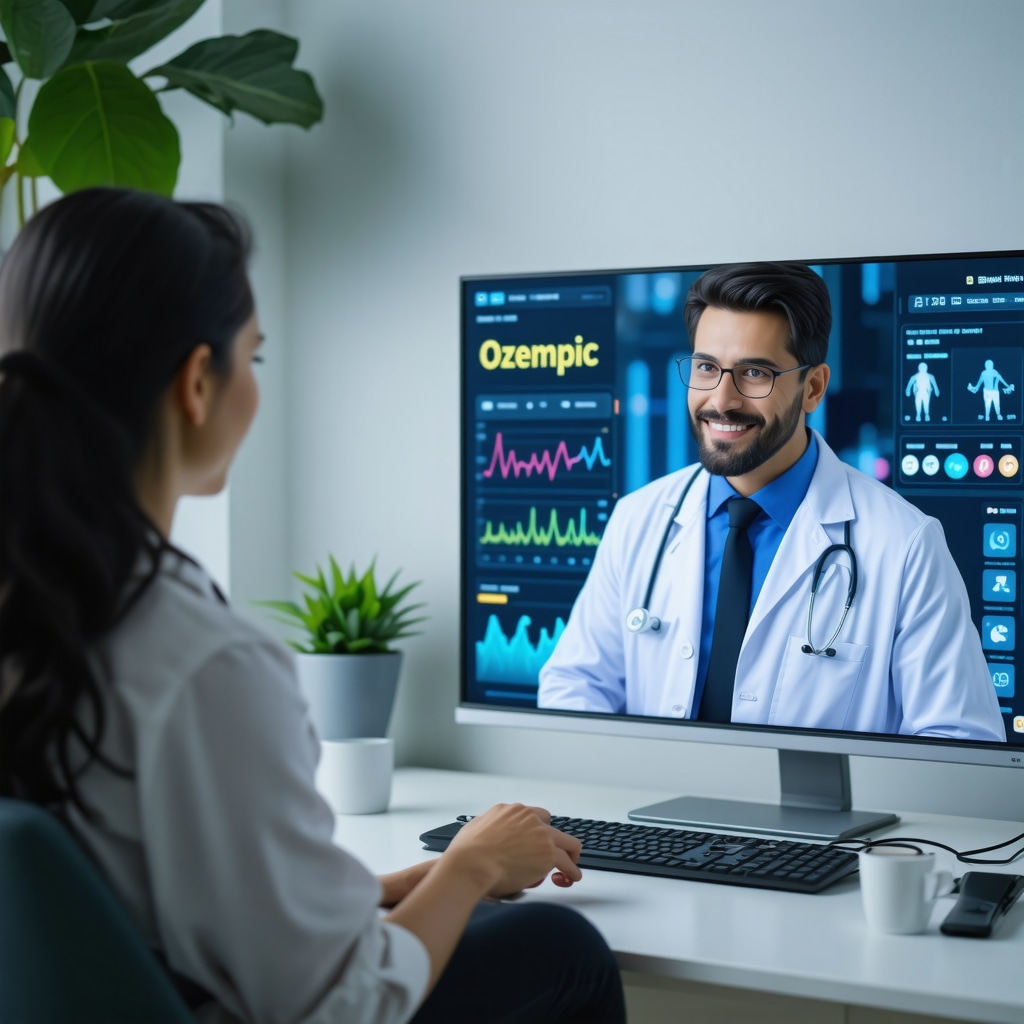 Patient and doctor engaging in a virtual Ozempic weight loss consultation with biometric data and treatment graphs displayed on screen