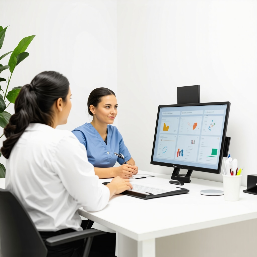 A modern healthcare setting where medical professionals discuss weight management strategies using digital devices