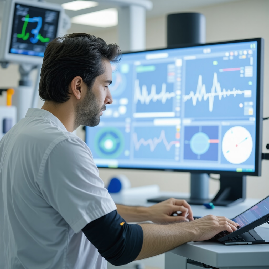 Patient using biometric wearables with digital health data dashboard in a clinical environment