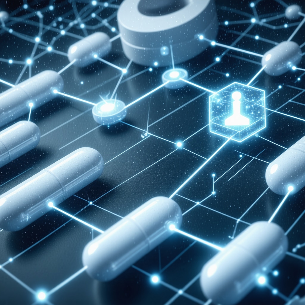 Visual representation of blockchain technology ensuring medication authenticity and safety in pharmaceutical supply chains.