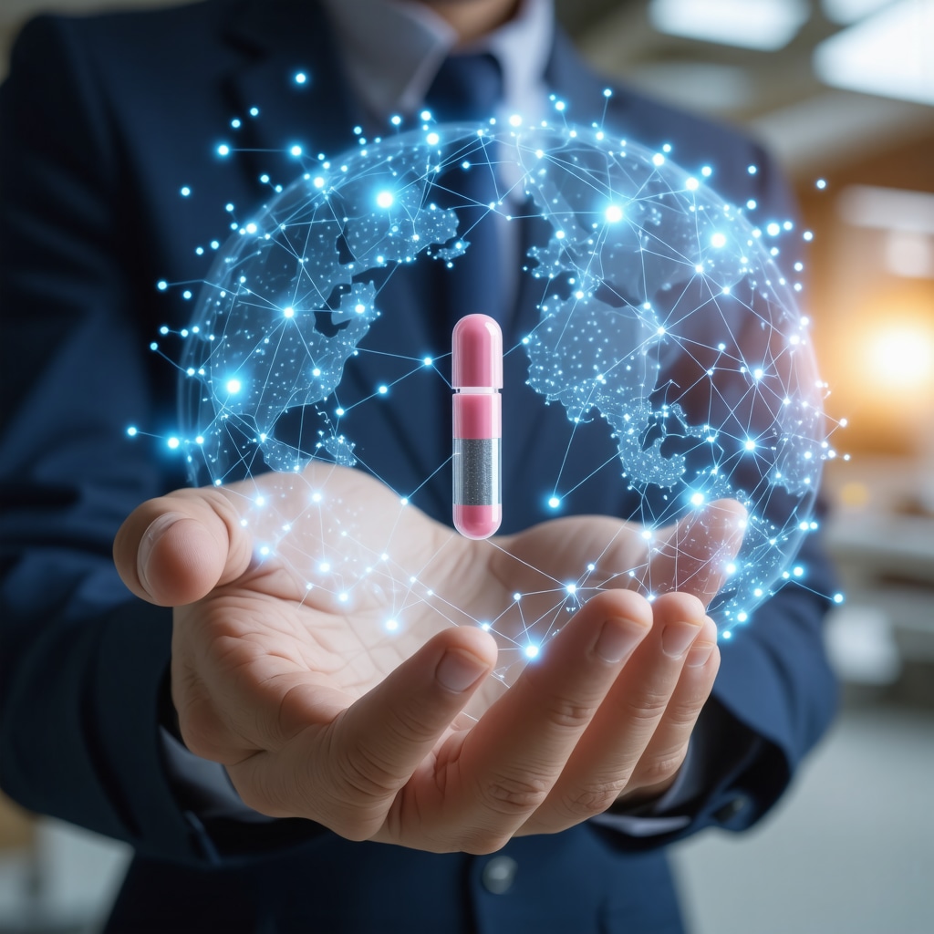 Visual of blockchain technology tracking medication from production to delivery