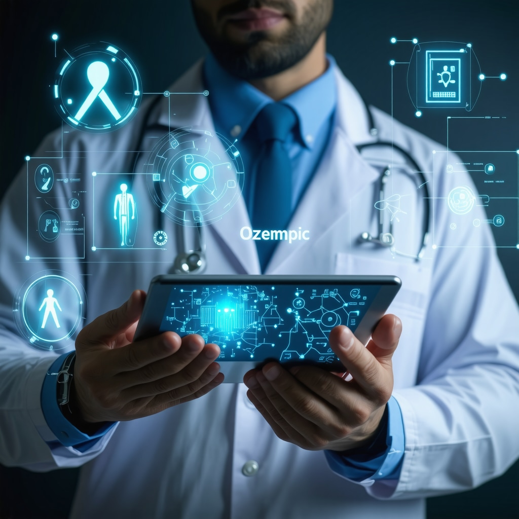 Medical professional reviewing pharmacogenomic data and telehealth platform for personalized Ozempic obesity treatment