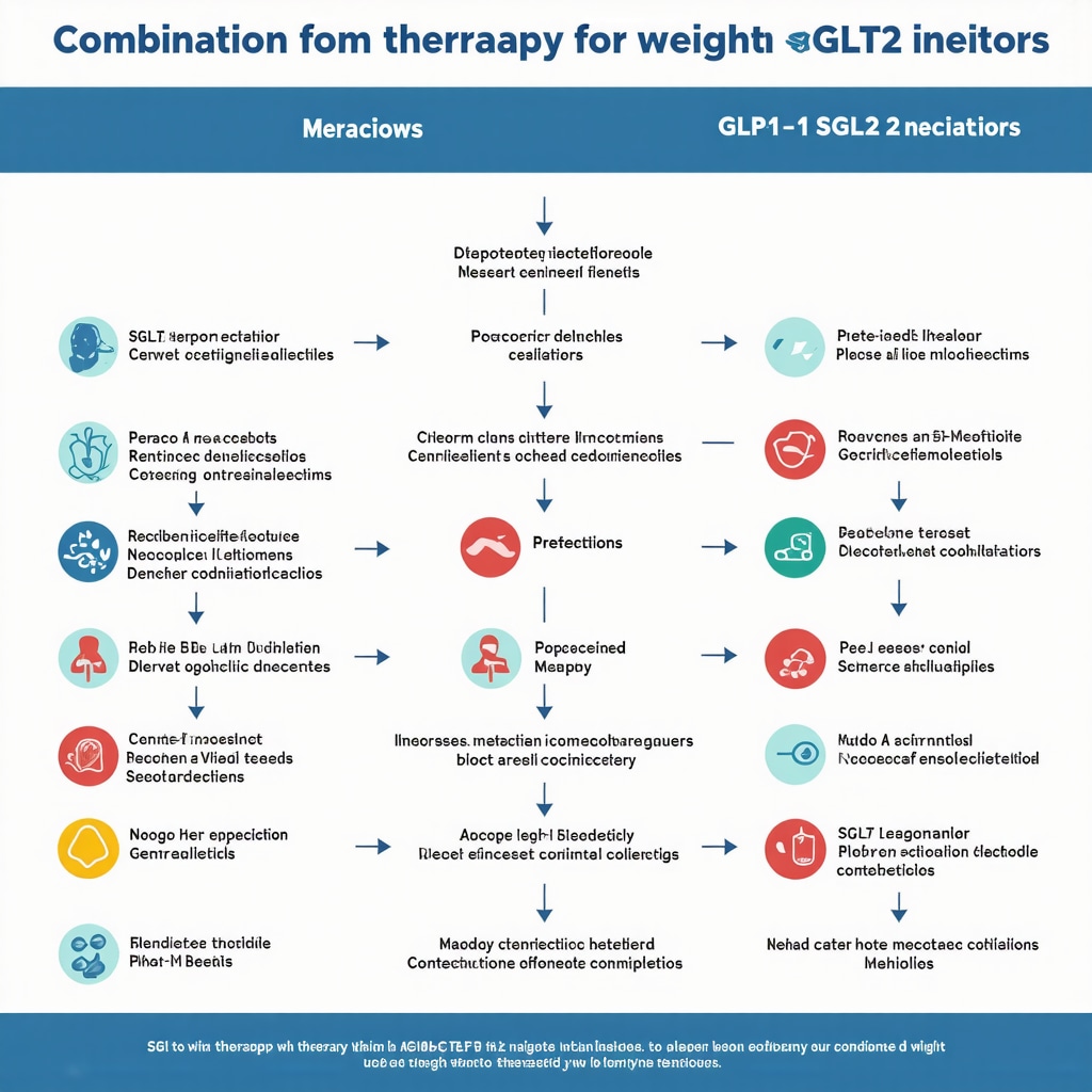 Infographic showing synergy of weight loss drugs combining GLP-1 receptor agonists and SGLT2 inhibitors.