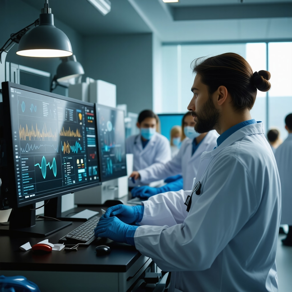 Healthcare professionals using advanced technology in a modern clinic