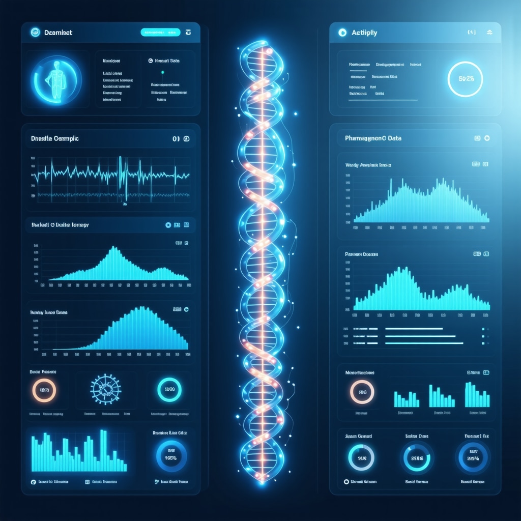 Digital interface displaying real-time metabolic data and DNA strands symbolizing pharmacogenomic personalization of Ozempic treatment
