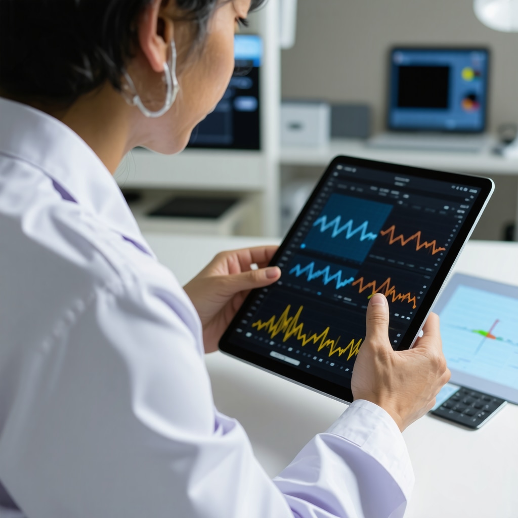 Healthcare professional reviewing digital health data on a tablet.