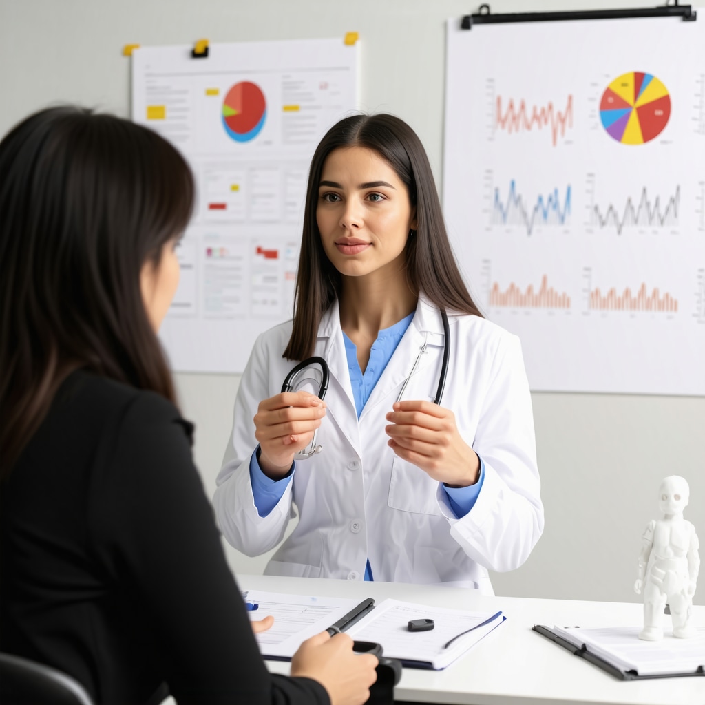 Doctor and patient discussing long-term weight management plans with charts and models in a clinical setting