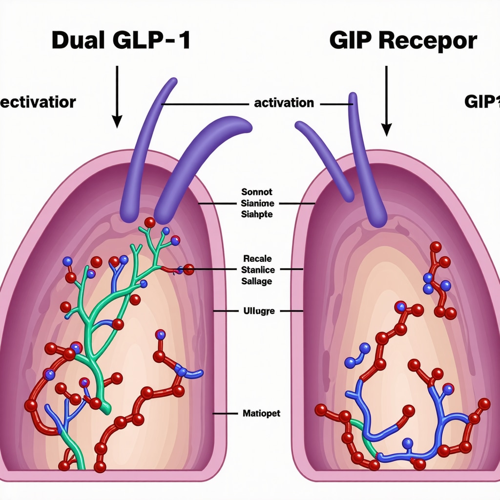 Scientific diagram illustrating mechanisms of dual receptor activation improving metabolism.