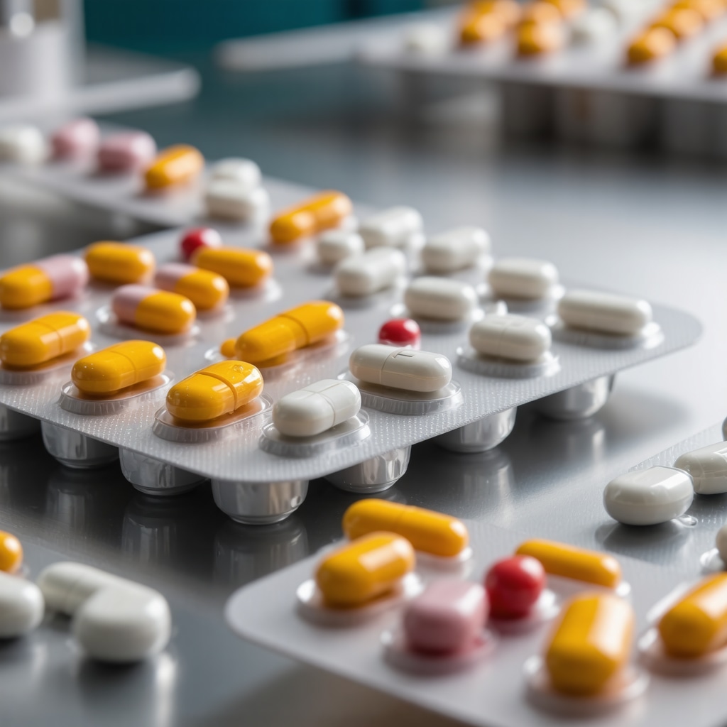 Illustration of a supply chain with blockchain technology ensuring medication authenticity.