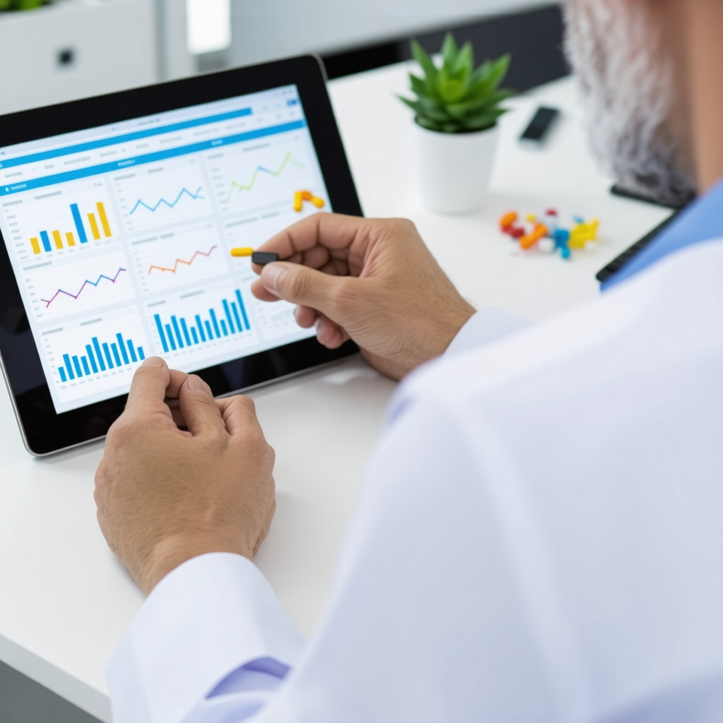 Doctor analyzing pharmaceutical pricing data on a tablet.