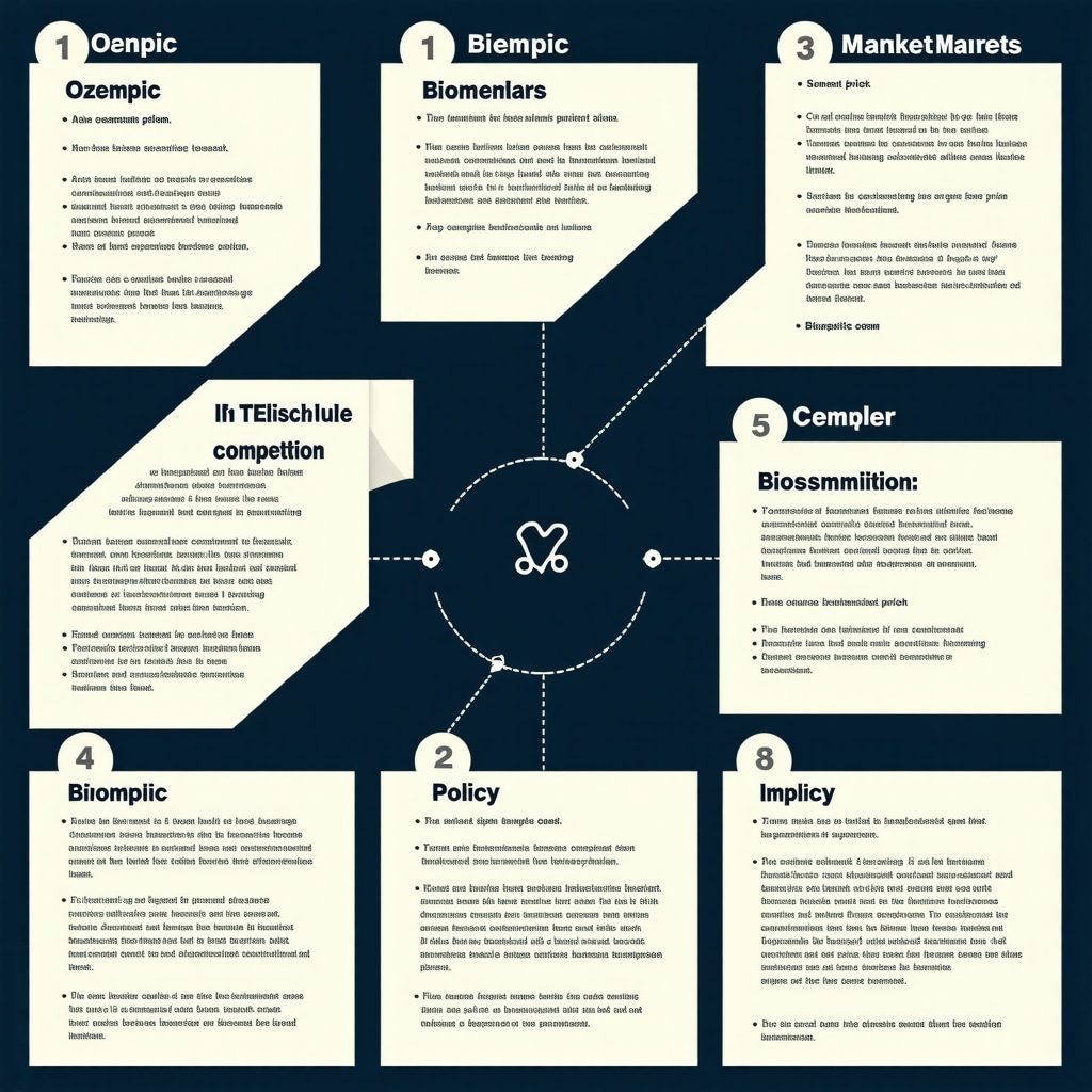 Infographic showing key elements affecting Ozempic's cost, including market demand, biosimilar development, and international policies.