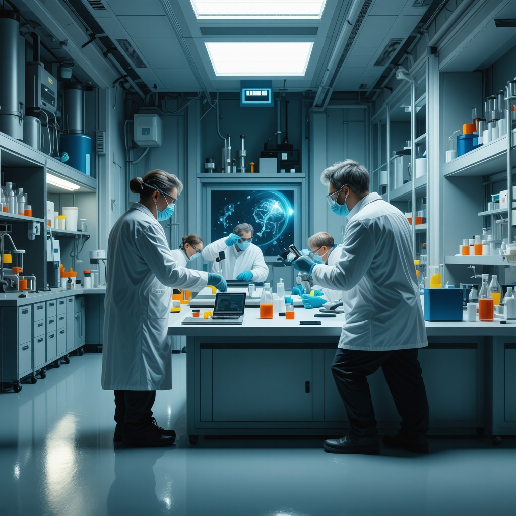 Scientists researching gene editing and multi-receptor drugs in a high-tech lab