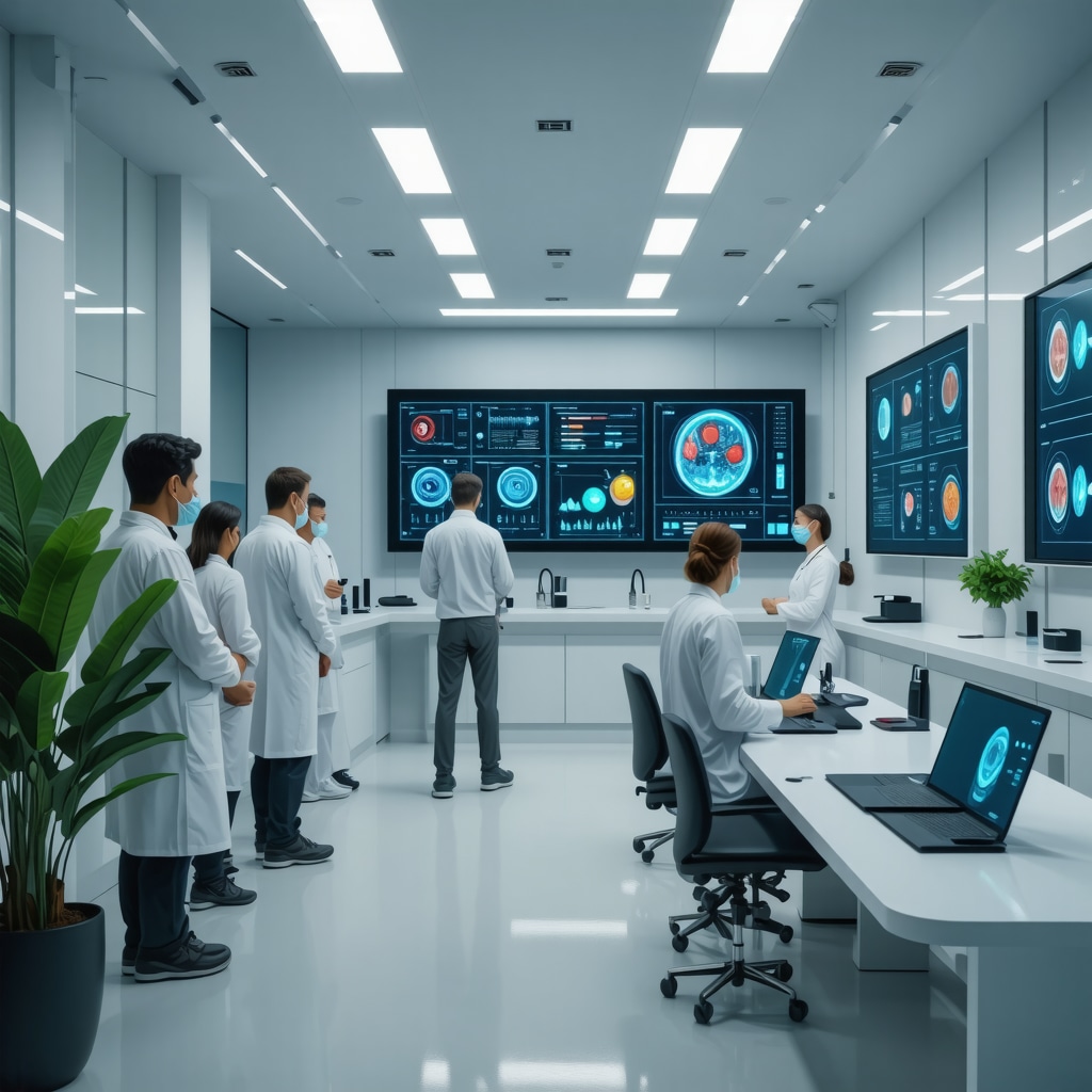 Futuristic medical clinic with genetic data analysis for GLP-1 treatment