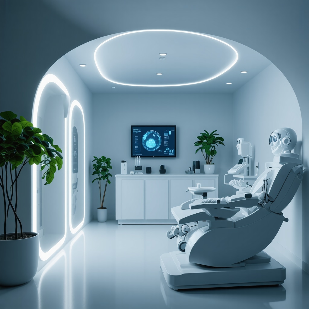 Futuristic clinic scene showcasing genetic testing and digital health technology for personalized weight management.