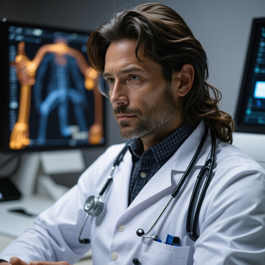 A high-tech medical consultation with digital health and genetic analysis tools.