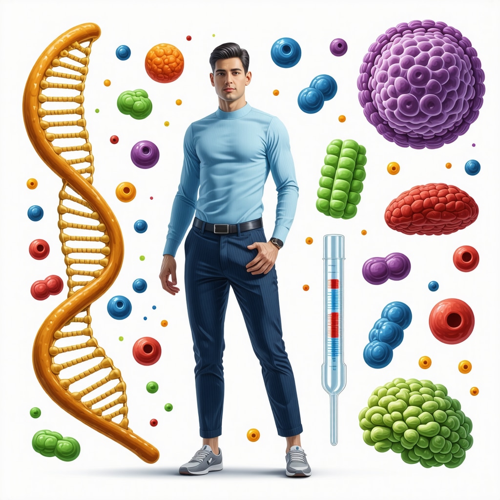 Illustration of personalized medicine with DNA, gut bacteria, and weight management concepts.