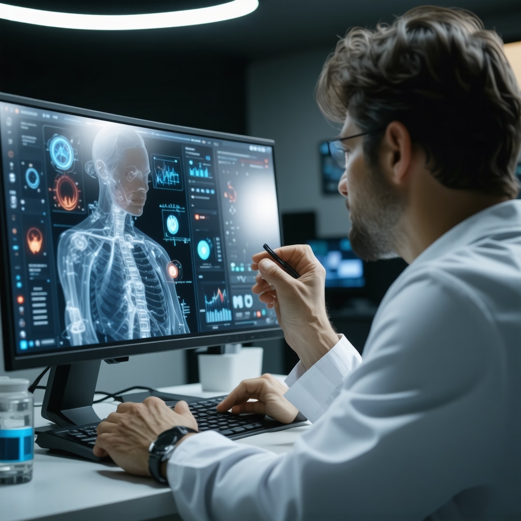 A futuristic telehealth consultation scene with data analytics and wearable health devices