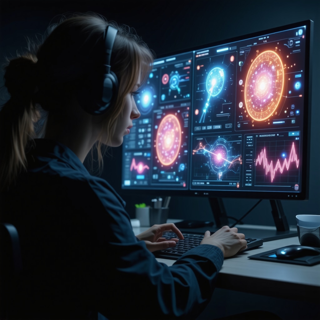 Illustration of a patient consulting a virtual doctor with genetic data and AI analytics on screen