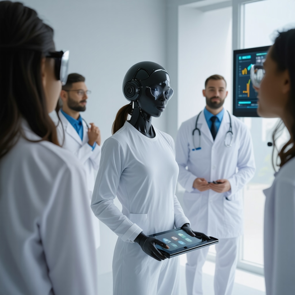 Illustration of advanced telehealth system with AI, wearables, and digital health devices.