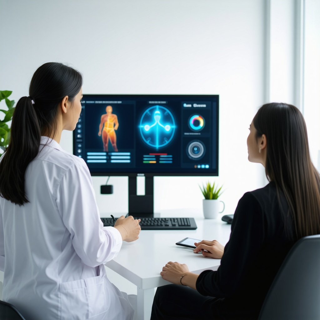 Futuristic telehealth consultation with digital health interface and healthcare professional.