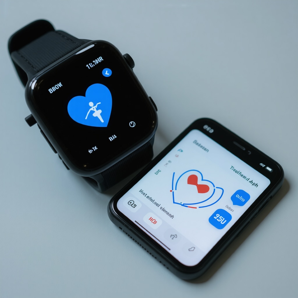 A sleek wearable device connected to a telehealth platform displaying health metrics