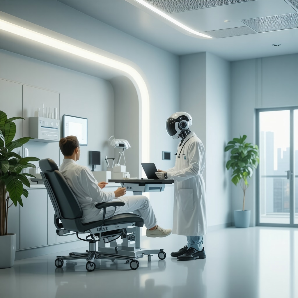 Modern medical clinic showcasing innovative drug delivery systems and AI-powered healthcare tools