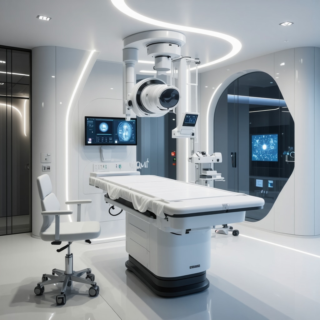 High-tech clinic with AI monitors and genetic analysis tools for personalized weight management