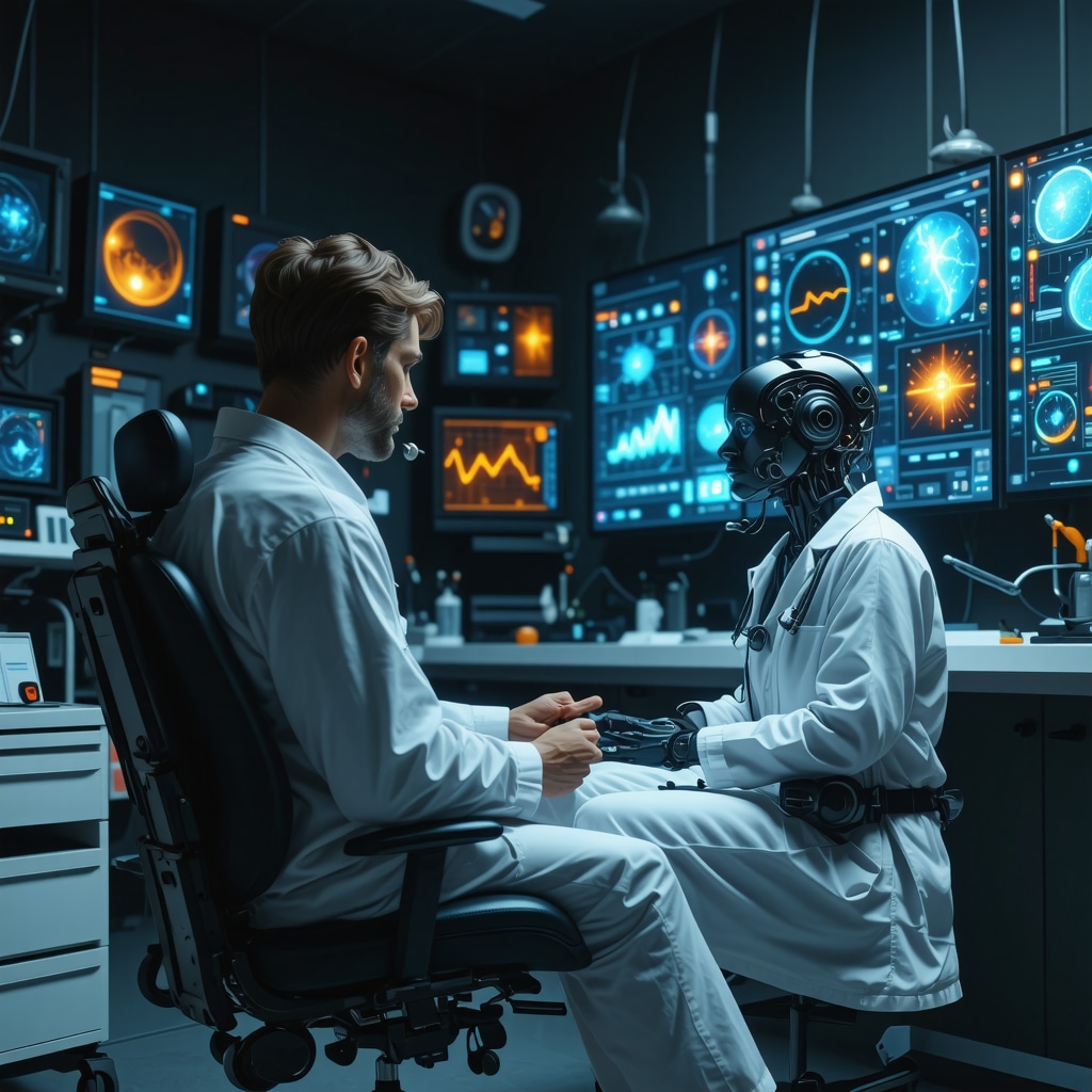 Doctor and patient engaging in high-tech virtual telehealth consultation, showcasing AI and digital health tools