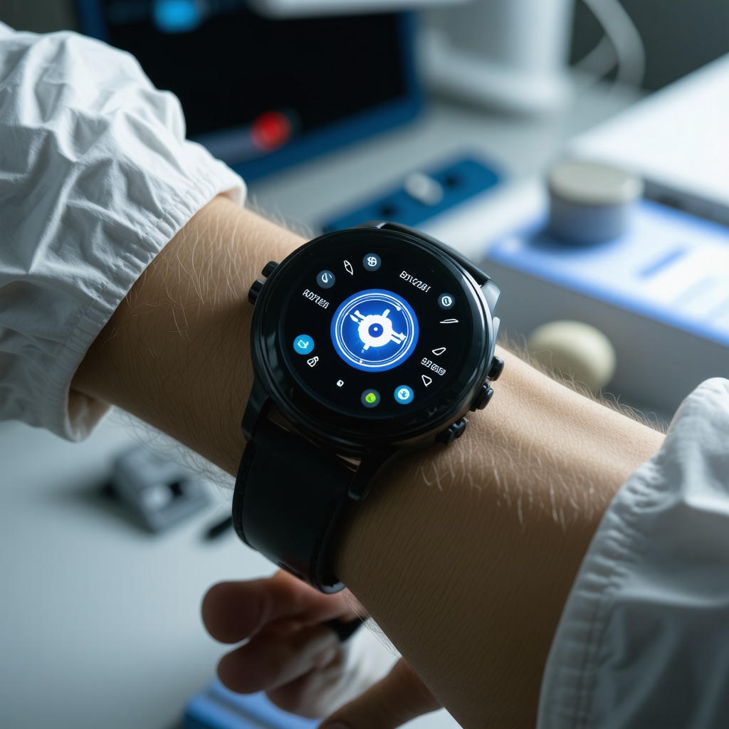 A sleek, advanced wearable device displaying health data in a futuristic clinical environment