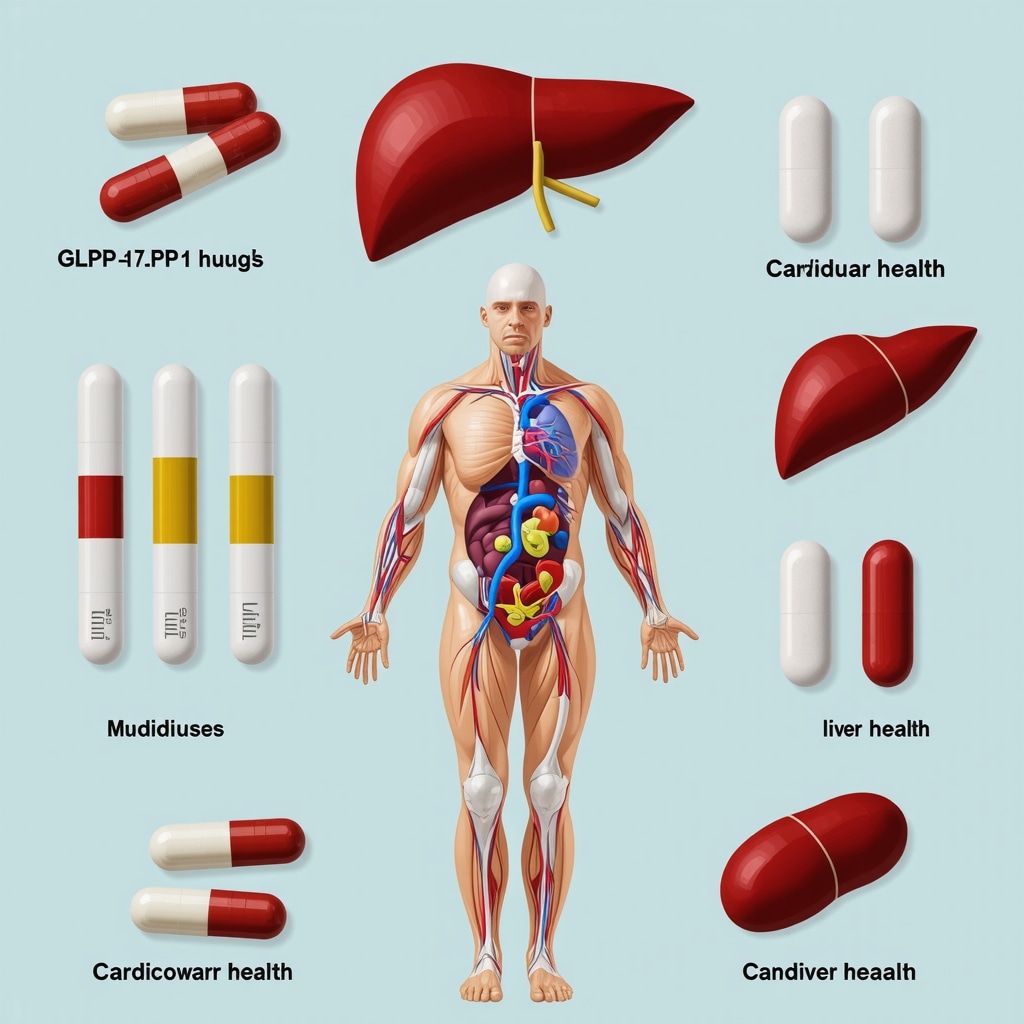Diagram showing how GLP-1 receptor agonists impact weight, liver, and heart health