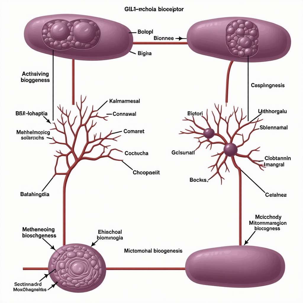 Scientific illustration of GLP-1 receptor signaling pathways promoting mitochondrial health and energy metabolism.