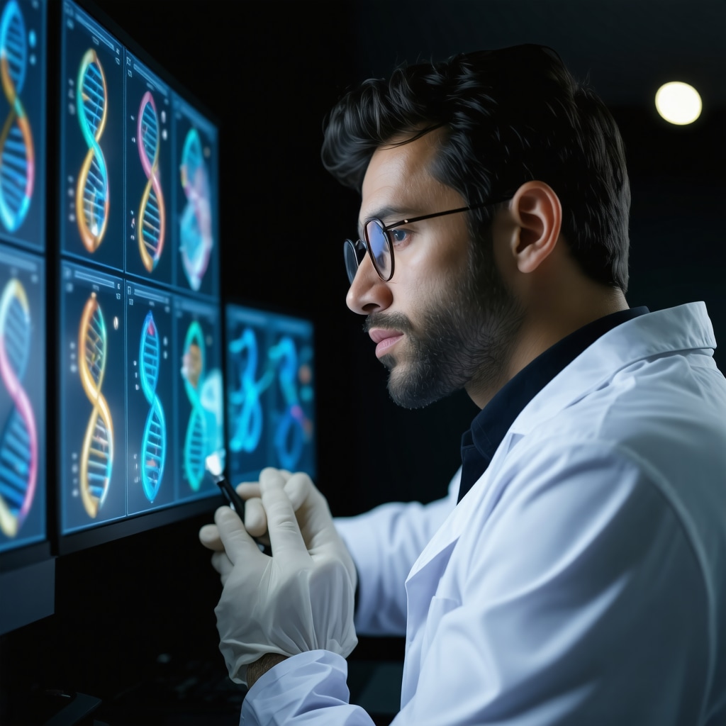 Scientist examining genetic data on a computer for personalized weight management
