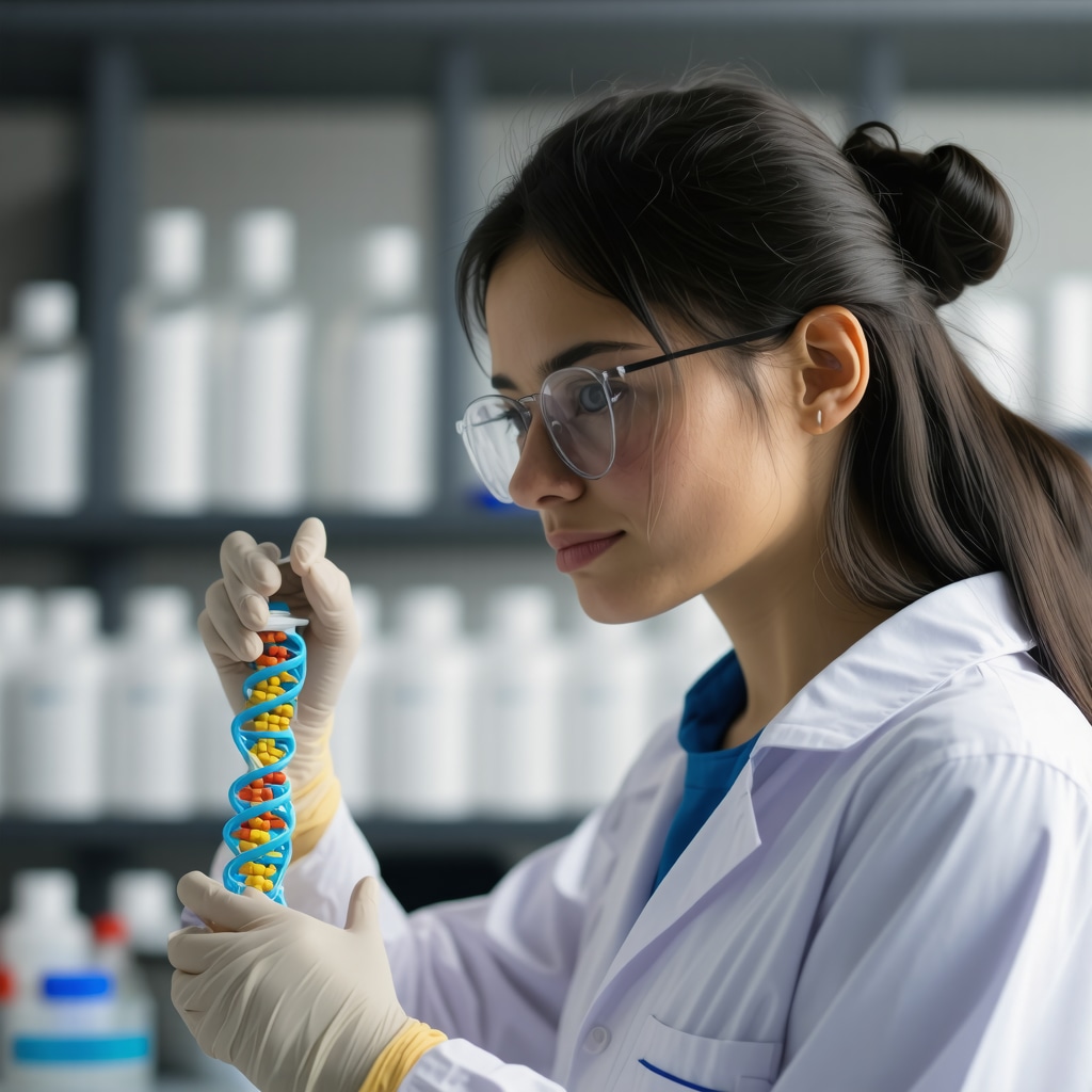 DNA strands, medical charts, healthcare professional analyzing data.
