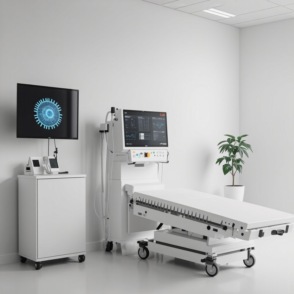 Futuristic medical clinic with AI devices and virtual consultation setup