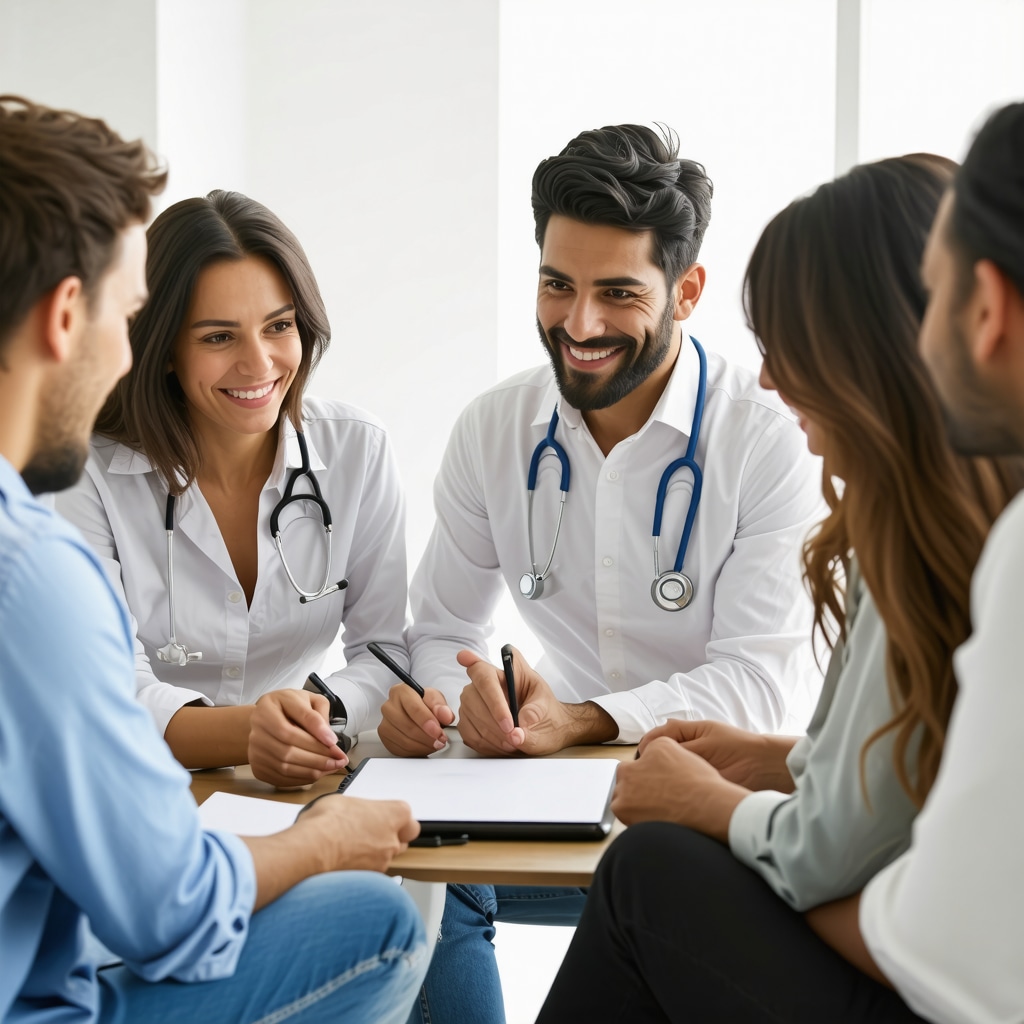 Group of people supporting a weight loss journey with healthcare professional and online community