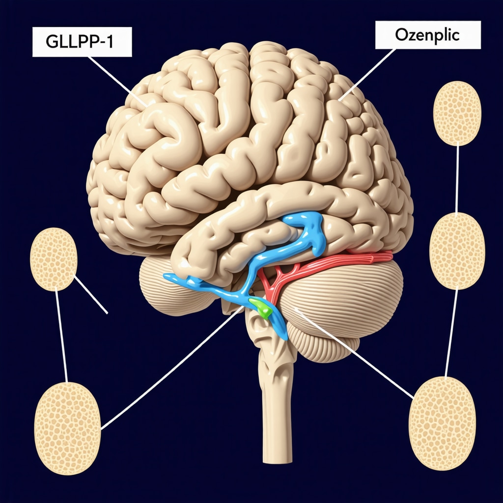 Diagram illustrating hormonal pathways influenced by Ozempic, including GLP-1, leptin, ghrerelin, and neural appetite centers in the brain.