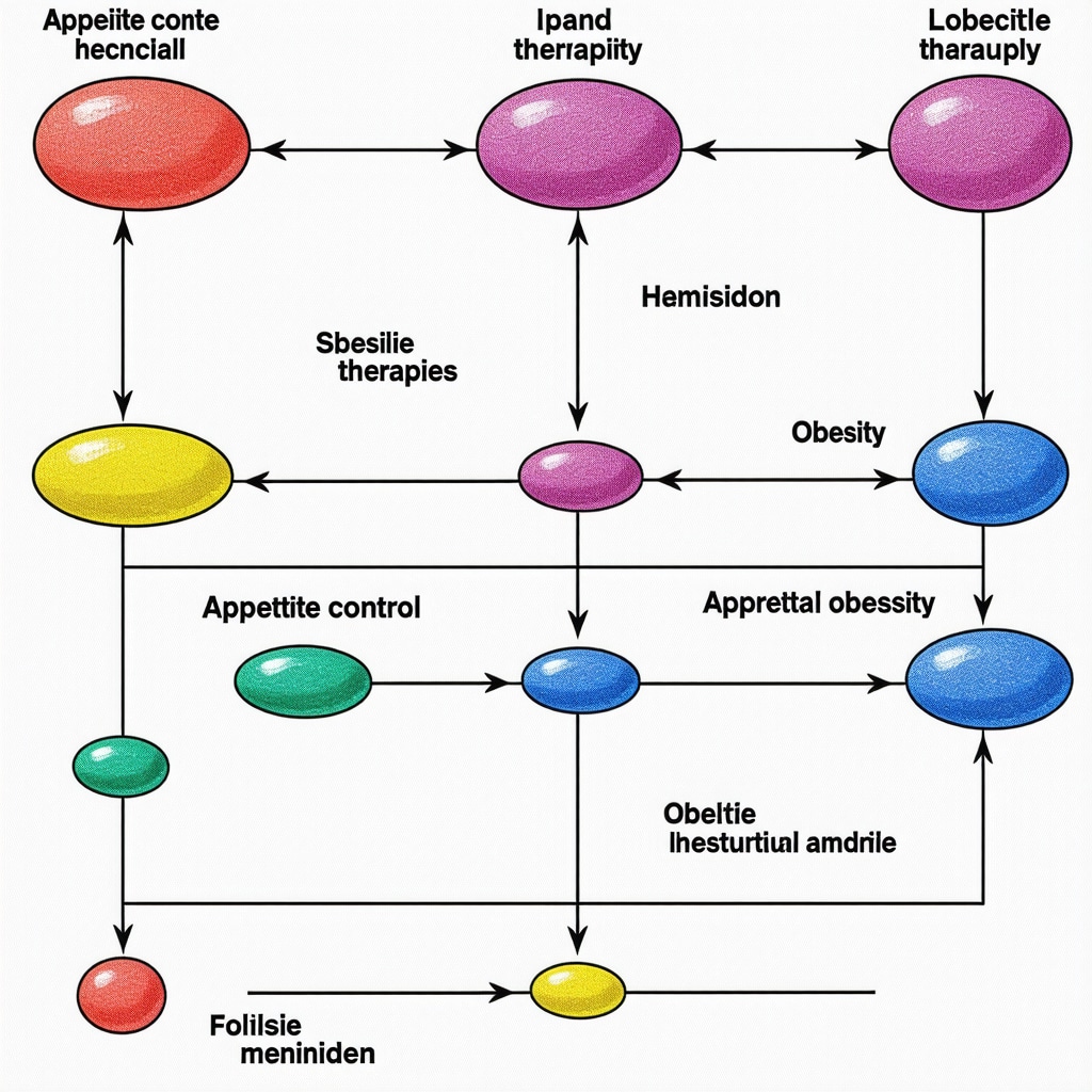 Illustration of hormonal pathways involved in appetite regulation and combination therapies for weight loss