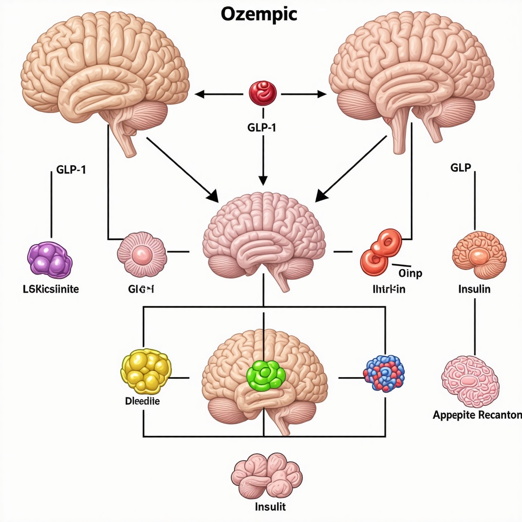 Diagram illustrating hormonal pathways affected by Ozempic, including GLP-1, insulin, and brain centers regulating appetite.