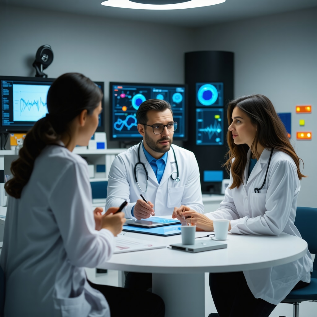 Futuristic medical consultation emphasizing personalized medicine, digital health, and microbiome analysis for weight management.
