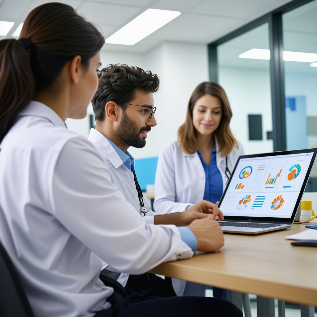 Medical professionals analyzing digital health data in a modern clinic setting