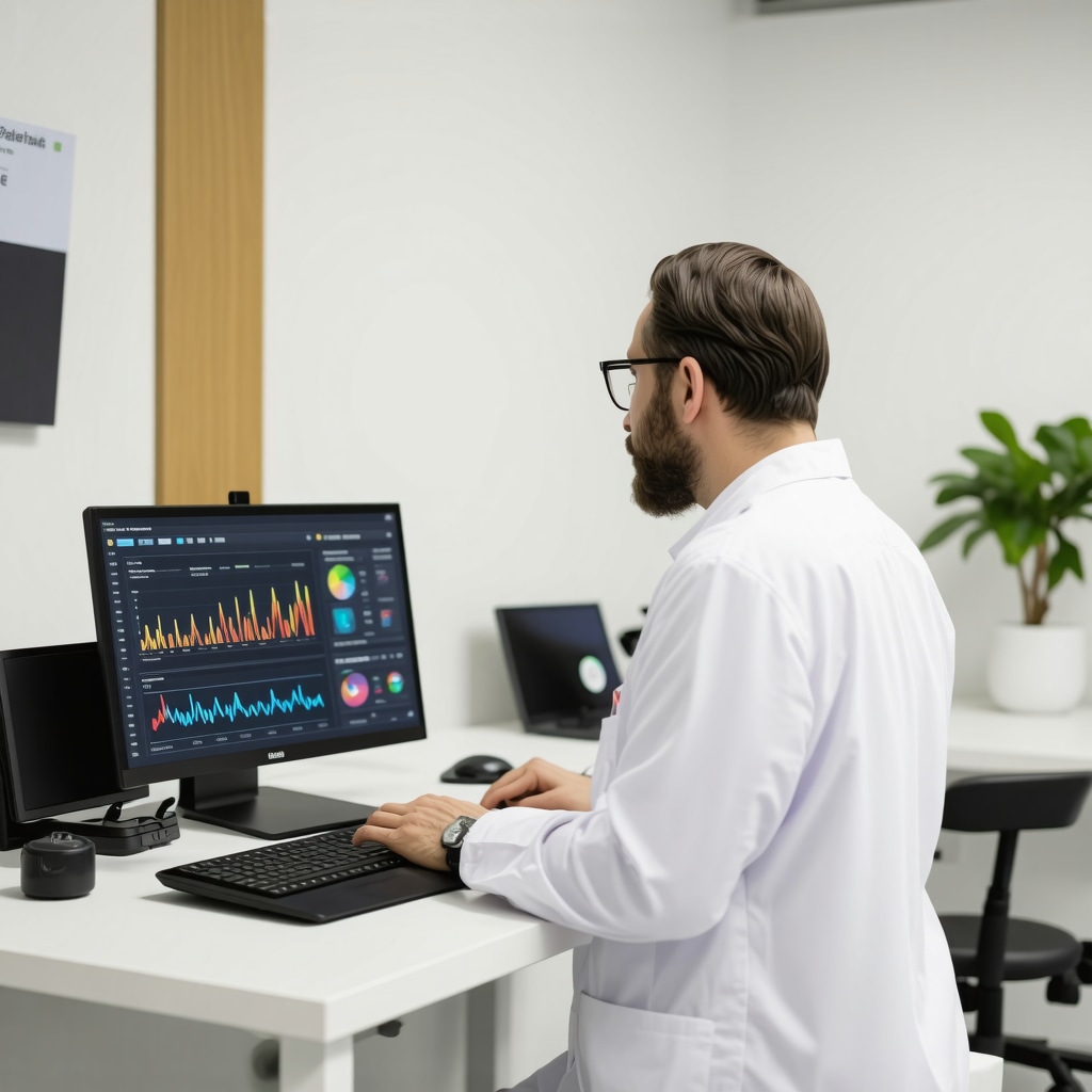 Healthcare professional analyzing digital health data in a modern clinic setting