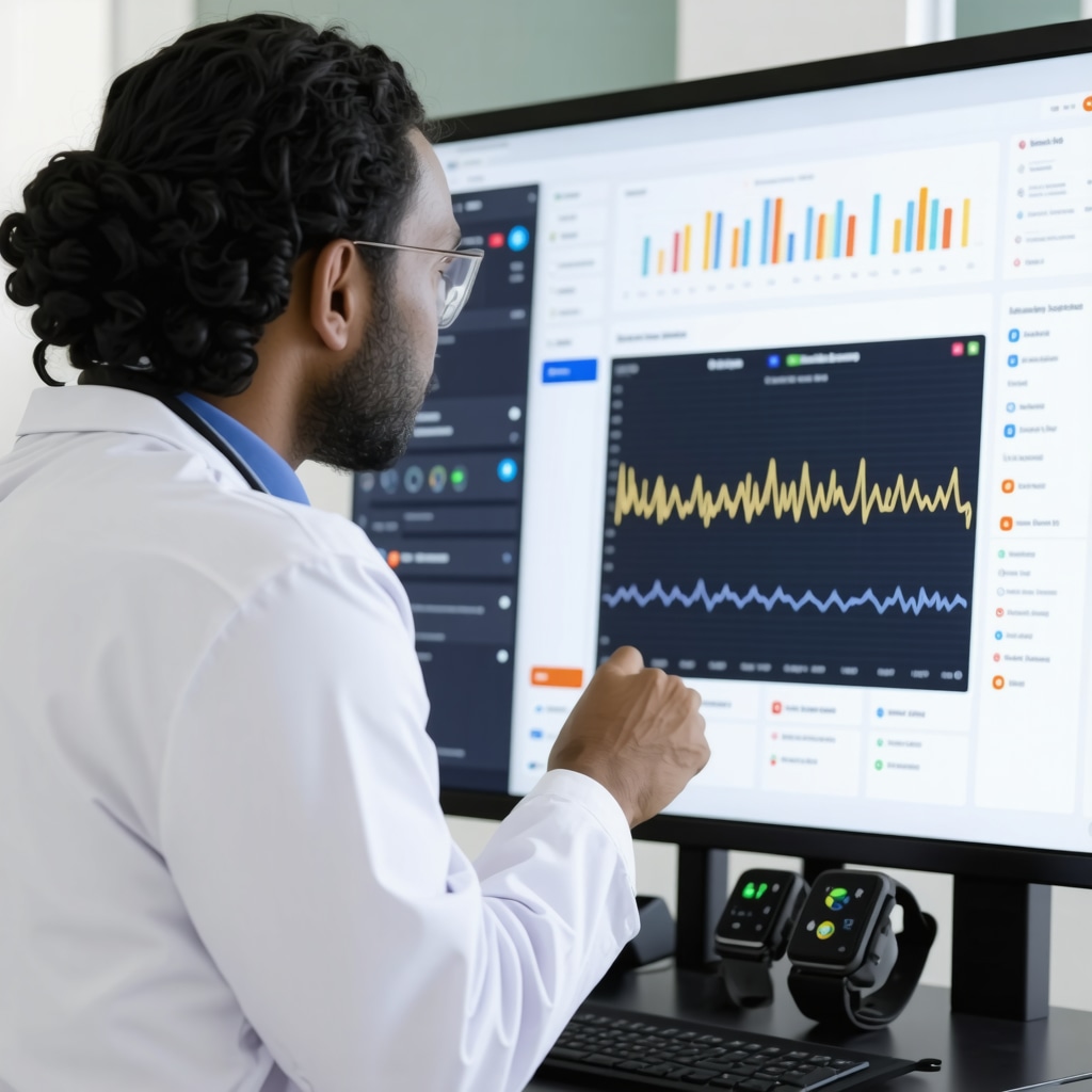 Healthcare professional analyzing digital health data with wearable tech devices, emphasizing innovation in weight loss treatment.