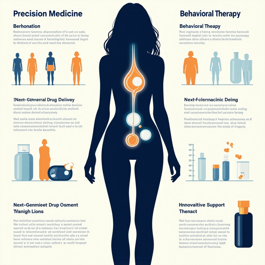 Infographic showing personalized Ozempic treatment plans combining genetic profiling, behavioral health, and novel drug delivery technologies