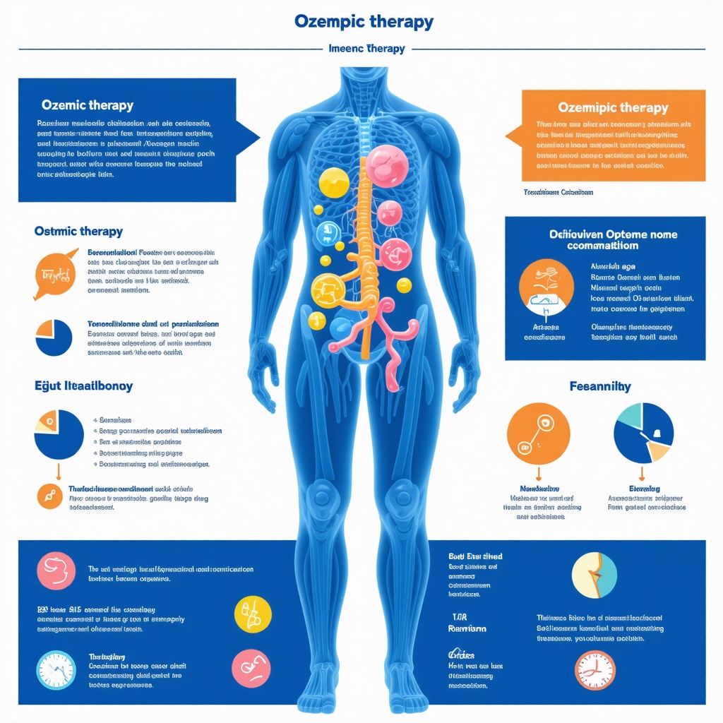Diagram showing Ozempic effects, gut microbiome modulation, and AI analytics in weight management