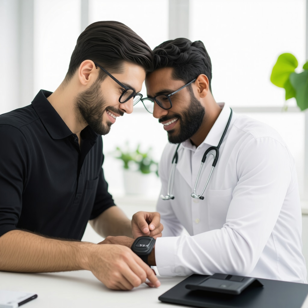 Doctor discussing weight loss strategies with patient using wearable health devices and digital health apps