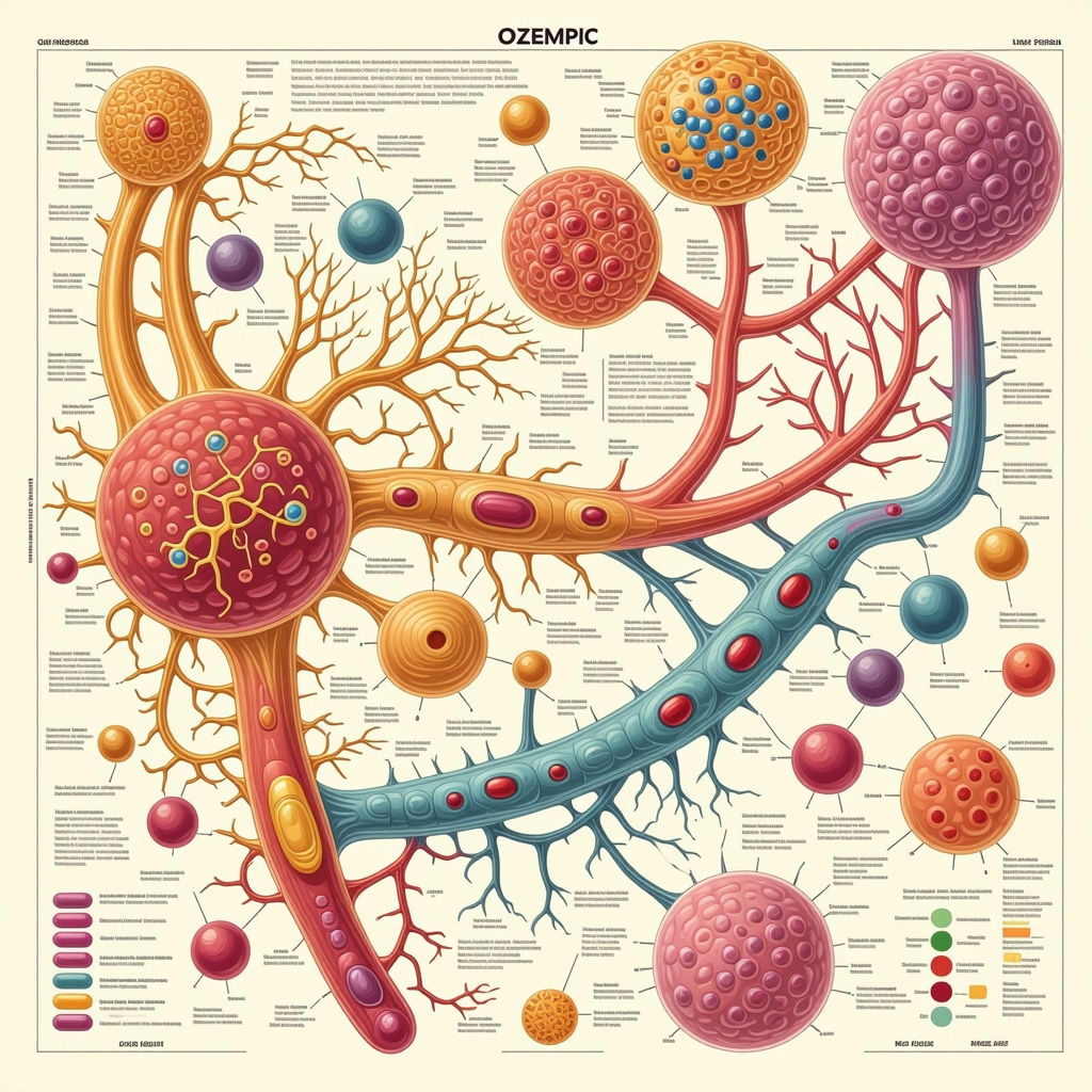Diagram of Ozempic's effects on metabolic pathways, microbiome, and hormone regulation.