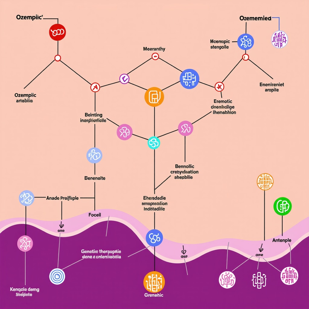 Diagram illustrating Ozempic's mechanisms combined with other drugs and genetic profiling for personalized weight loss
