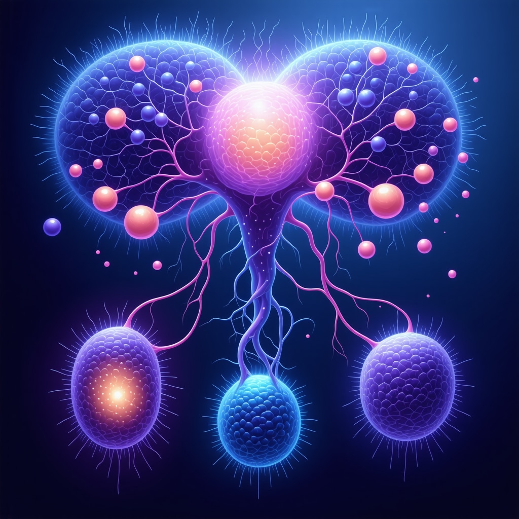 Detailed scientific illustration of mitochondria and hormonal signals promoting fat burning.